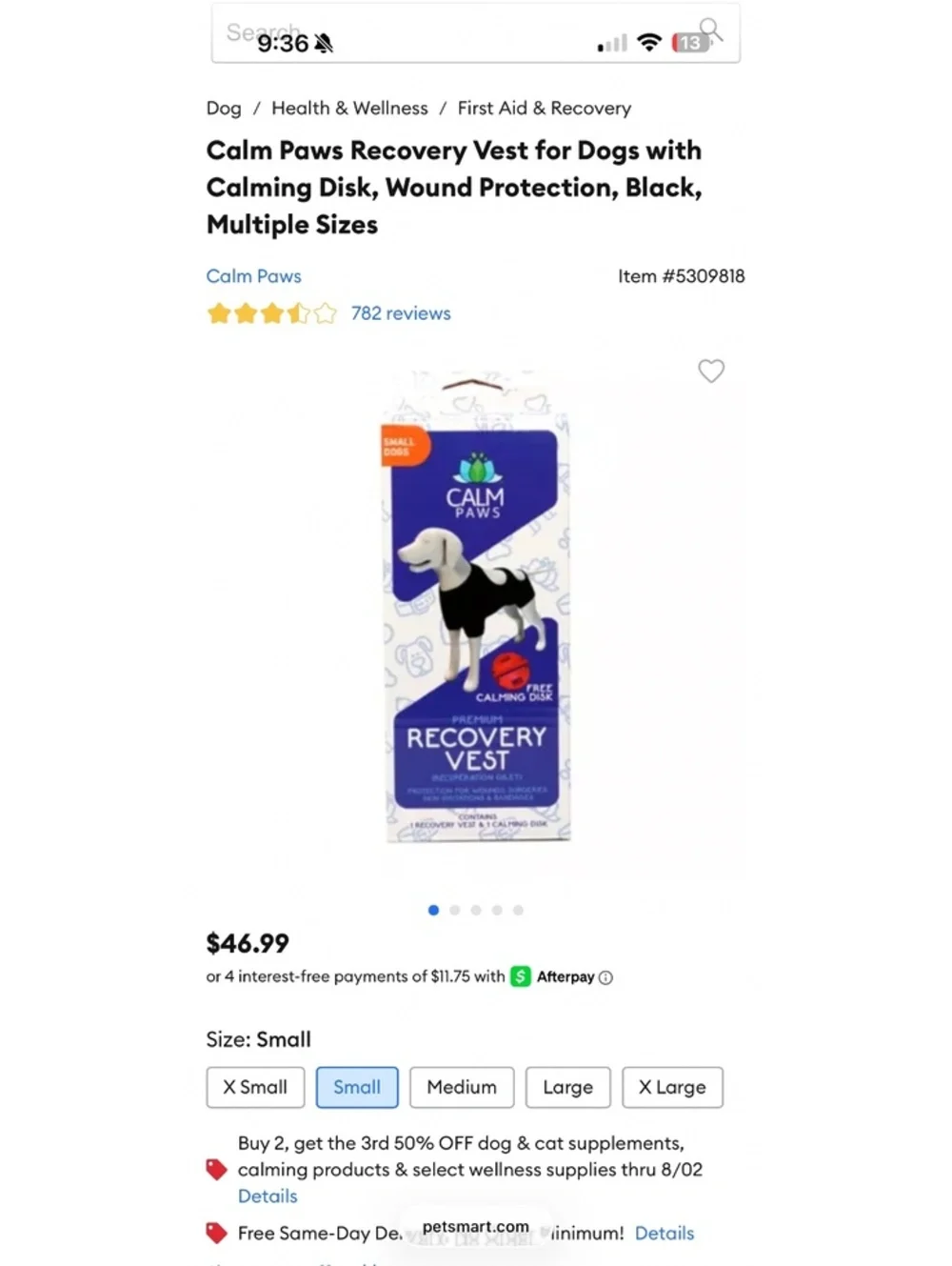 Calm Paws Recovery Vest for Dogs with Calming Disk, Wound Protection Size SMALL